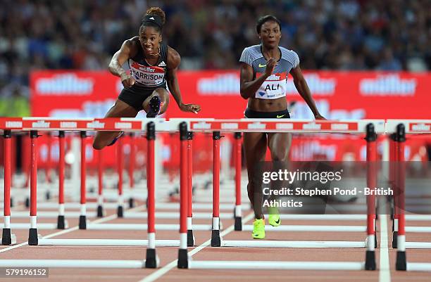 Kendra Harrison of USA wins the womens' 100m hurdles with a new world record time during day one of the Muller Anniversary Games at The Stadium -...