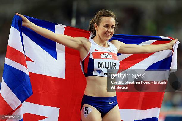 Laura Muir of Great Britain celebrates winning the womens 1500m during day one of the Muller Anniversary Games at The Stadium - Queen Elizabeth...