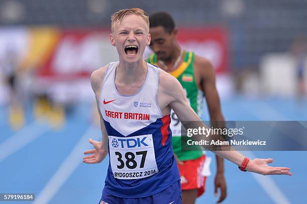 Callum Wilkinson of Great Britain celebrates winning a gold medal in men's 10 000 metres race walk during the IAAF World U20 Championships at the...