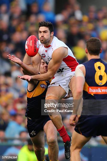 Chris Dawes of the Demons attempts to mark the ball during the round 18 AFL match between the West Coast Eagles and the Melbourne Demons at Domain...