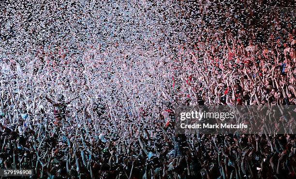 Fans are showered in confetti during the Gang Of Youths performance during Splendour in the Grass 2016 on July 23, 2016 in Byron Bay, Australia.