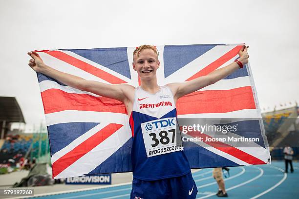 Callum Wilkinson of Great Britain celebrates winning a gold medal in men's 10 000 metres race walk during the IAAF World U20 Championships at the...