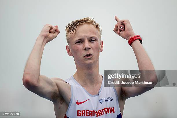 Callum Wilkinson of Great Britain celebrates winning a gold medal in men's 10 000 metres race walk during the IAAF World U20 Championships at the...