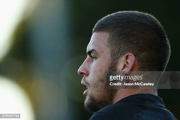 Tyler Cassel of the Wests Tigers watches on during the round 19 Intrust Super Premiership NSW match between the Wests Tigers and the Newtown Jets at...