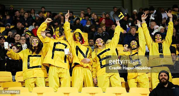 Hurricanes fans show their support during the Super Rugby Quarterfinal match between the Hurricanes and the Sharks at Westpac Stadium on July 23,...