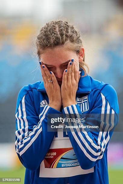 Konstadna Romeou from Greece celebrates after the women's triple jump during the IAAF World U20 Championships at the Zawisza Stadium on July 23, 2016...