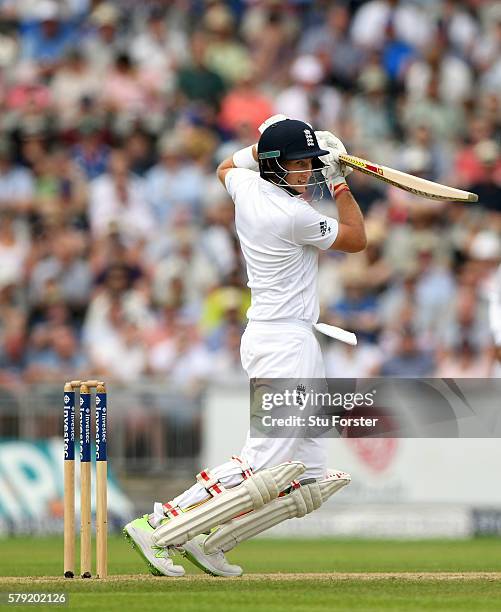 England batsman Joe Root cover drives during day two of the 2nd Investec Test match between England and Pakistan at Old Trafford on July 23, 2016 in...