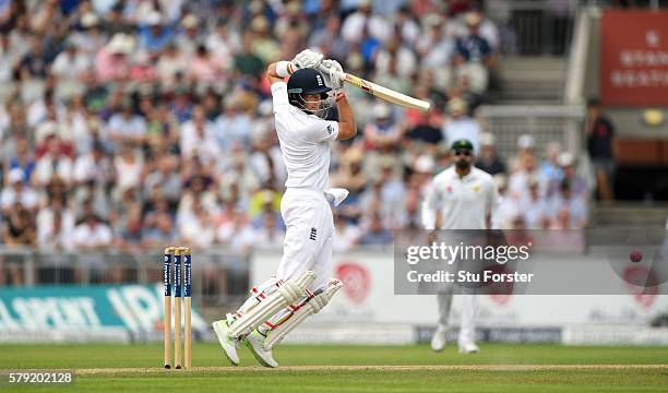 England batsman Joe Root cover drives during day two of the 2nd Investec Test match between England and Pakistan at Old Trafford on July 23, 2016 in...