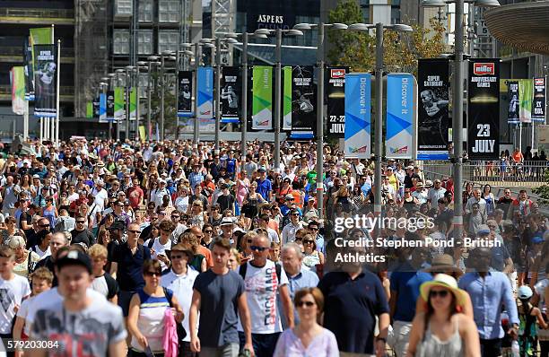 Spectators arrive at the stadium during day two of the Muller Anniversary Games at The Stadium - Queen Elizabeth Olympic Park on July 23, 2016 in...