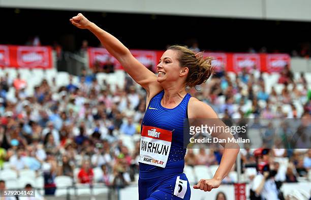 Marlou van Rhijn of the Netherlands celebrates victory in the Womne's T44 100m during Day Two of the Muller Anniversary Games at The Stadium - Queen...