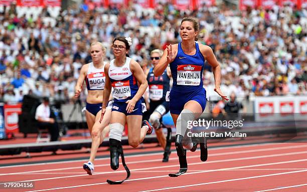 Marlou van Rhijn of the Netherlands races ahead to win the Womne's T44 100m during Day Two of the Muller Anniversary Games at The Stadium - Queen...