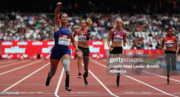 Marlou van Rhijn of the Netherlands wins the Womens 100m T44 race during day two of the Muller Anniversary Games at The Stadium - Queen Elizabeth...