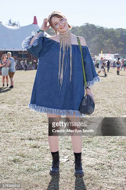 Festival Goer wearing a denim dress during Splendour in the Grass 2016 on July 22, 2016 in Byron Bay, Australia.