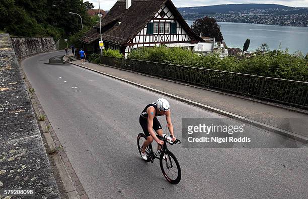 Ruedi Wild of Switzerland competes in the bike section of the 5150 triathlon on July 23, 2016 in Zurich, Switzerland.