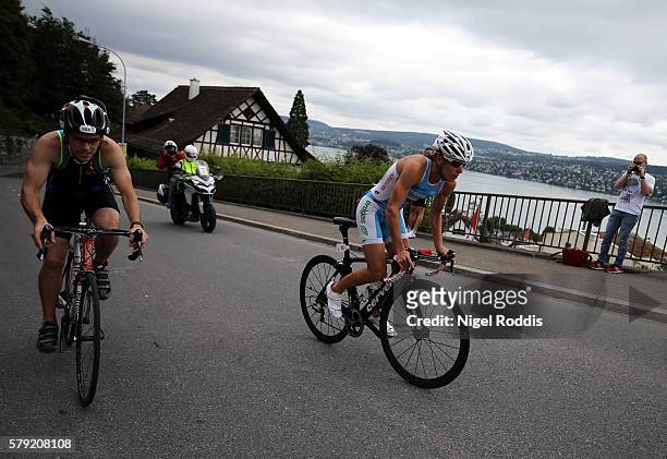Nicola Spirig of Switzerland competes during the bike section of the 5150 triathlon on July 23, 2016 in Zurich, Switzerland.