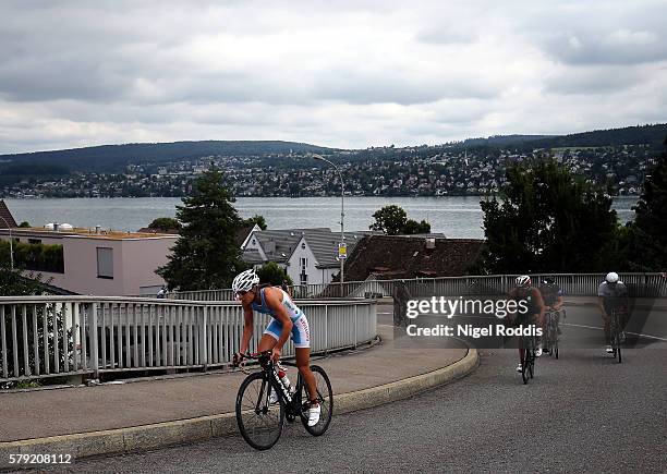 Nicola Spirig of Switzerland competes during the bike section of the 5150 triathlon on July 23, 2016 in Zurich, Switzerland.