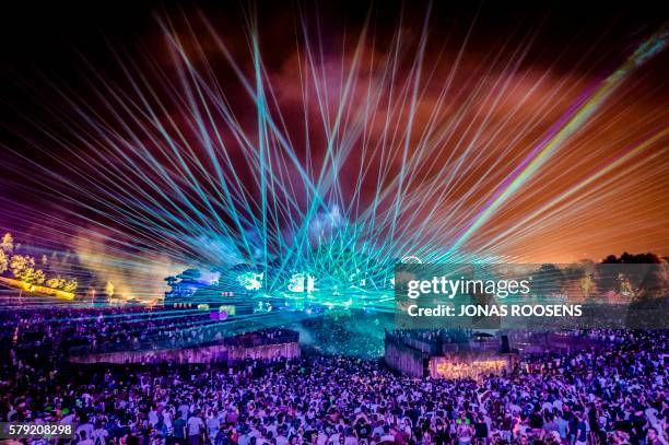 This photo taken on July 22, 2016 at the De Schorre recreation area in Boom shows the first day of the Tomorrowland Electronic Music Festival. The...