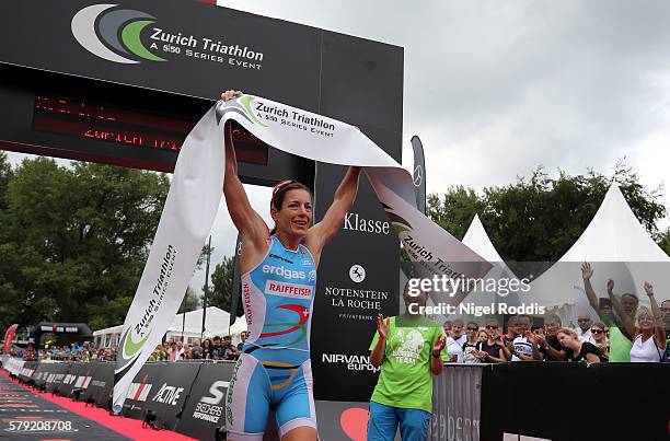 Nicola Spirig of Switzerland reacts after finishing second in the 5150 triathlon on July 23, 2016 in Zurich, Switzerland.