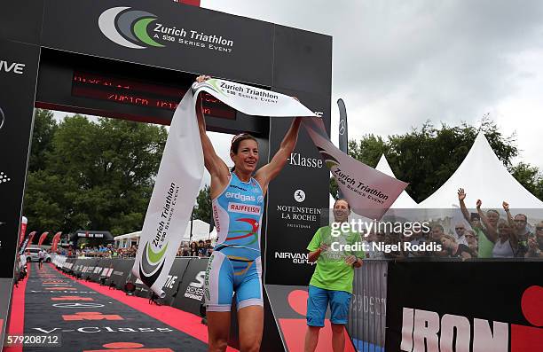 Nicola Spirig of Switzerland reacts after finishing second in the 5150 triathlon on July 23, 2016 in Zurich, Switzerland.