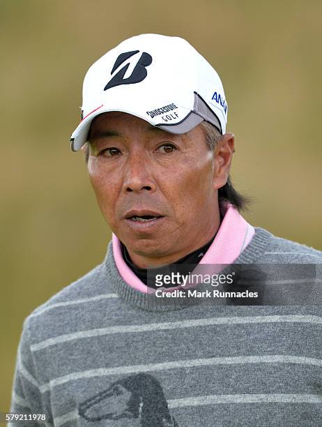 Kohki Idoki of Japan at the 1st hole during the third day of The Senior Open Championship at Carnoustie Golf Club on July 23, 2016 in Carnoustie,...