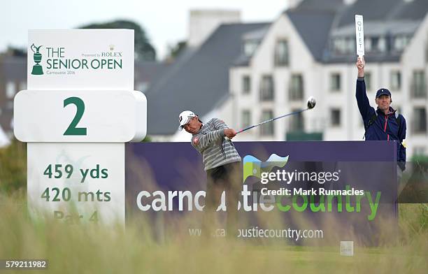 Kohki Idoki of Japan tee shot to the 2nd hole during the third day of The Senior Open Championship at Carnoustie Golf Club on July 23, 2016 in...