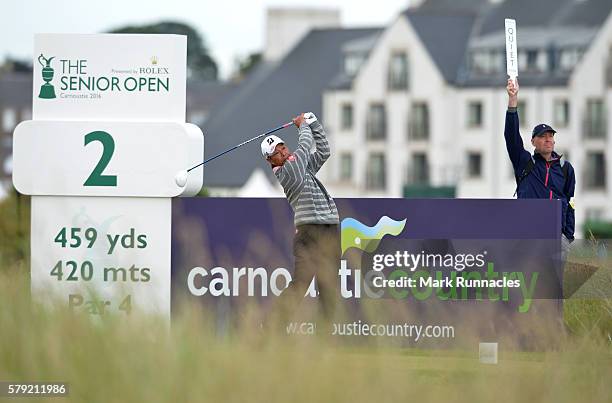 Kohki Idoki of Japan tee shot to the 2nd hole during the third day of The Senior Open Championship at Carnoustie Golf Club on July 23, 2016 in...