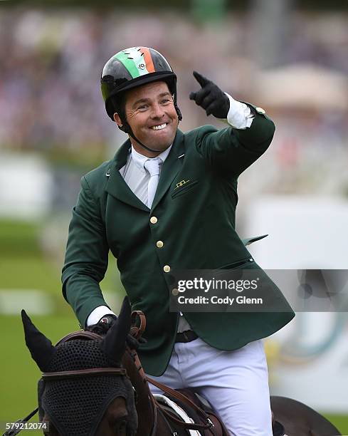 Dublin , Ireland - 22 July 2016; Cian O'Connor, Ireland, celebrates a clear round on Good Luck in his team's last run to qualify for a jump-off...