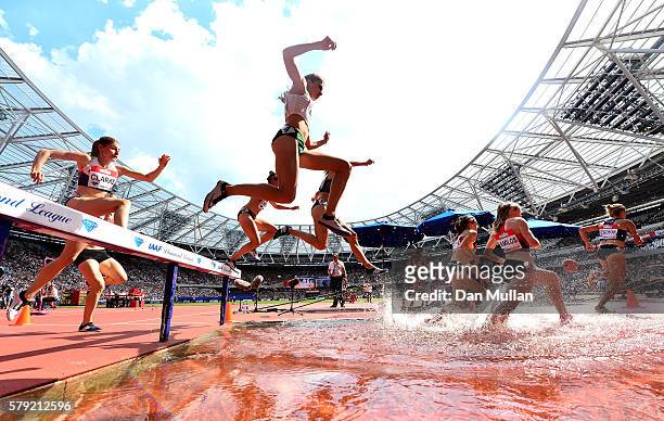 Runners compete in the Women's 3000m Steeplechase during Day Two of the Muller Anniversary Games at The Stadium - Queen Elizabeth Olympic Park on...