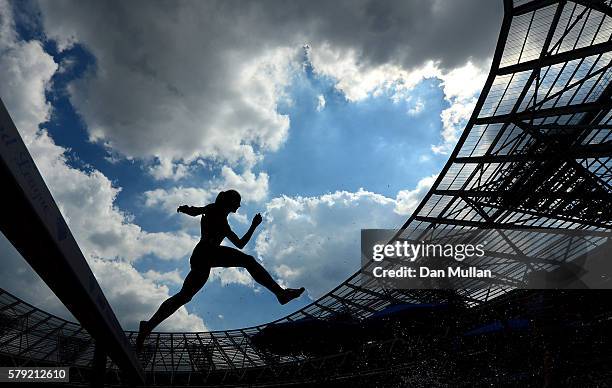 Runner competes in the Women's 3000m Steeplechase during Day Two of the Muller Anniversary Games at The Stadium - Queen Elizabeth Olympic Park on...