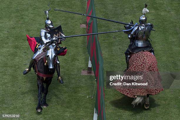 Jousting re-enactment takes place at Framlingham Castle on July 23, 2016 in Framlingham, England. English Heritage have launched a petition calling...