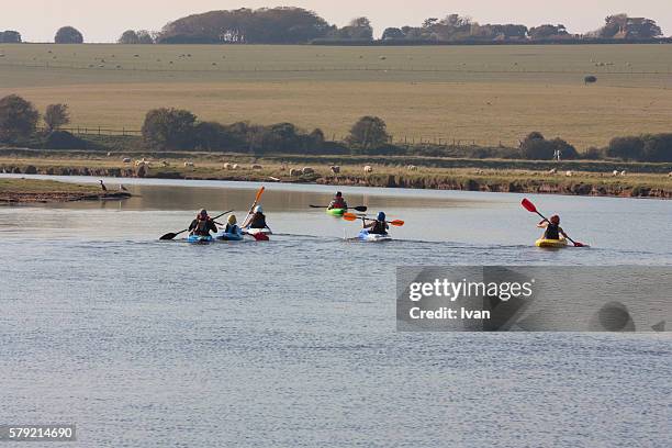 a group of people enjoying rowing boat activity, leisure in day - lake whitefish stock-fotos und bilder