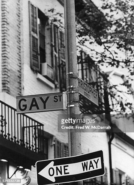 View of the street signs at the intersection of Gay and Christopher streets, New York, New York, October 14, 1969.