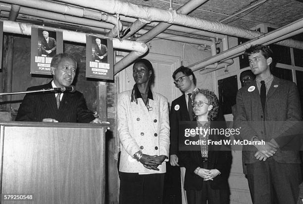 American politician David Dinkins, speaks at the Gay and Lesbian Center during his mayoral campaign, New York, New York, November 2, 1989. Among...