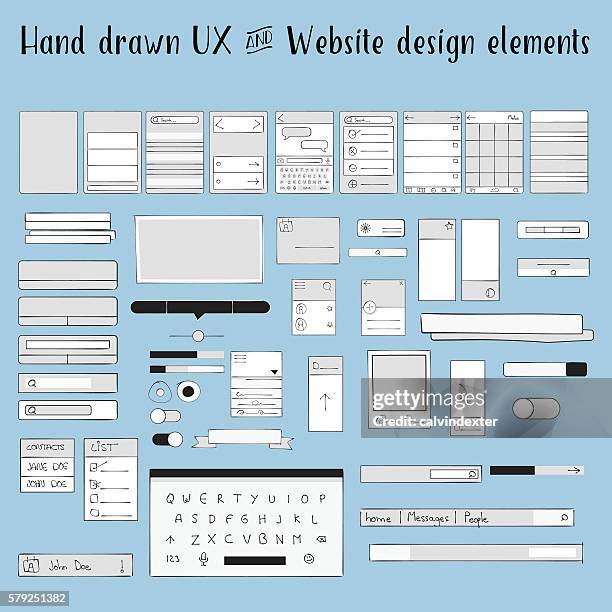 hand drawn ux and website design elements - mobile app design template stock illustrations