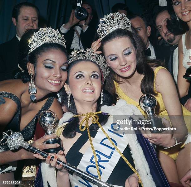 View of the winner of the 1967 Miss World beauty pageant, Madeline Hartog-Bel of Peru with 1st runner-up Maria del Carmen Sabaliauskas and Shakira...