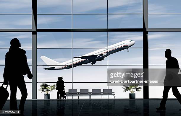 passengers waiting at an airport - four people walking away stock pictures, royalty-free photos & images