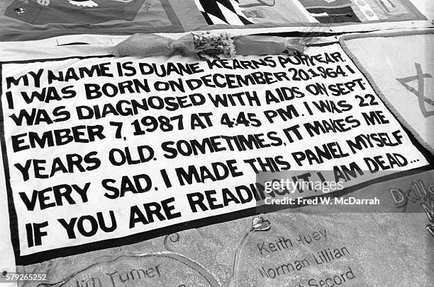 Close-up of Duane Kearns Puryear's panel on the NAMES Project AIDS Memorial Quilt, October 10, 1992. The quilt consists of numerous panels...