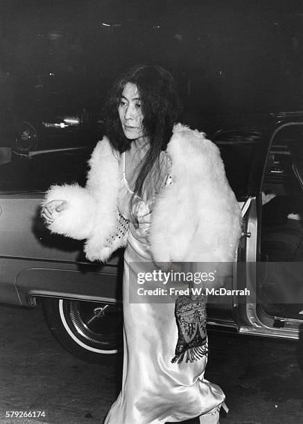 Japanese-born artist and musician Yoko Ono arrives at the Beacon Theatre where she attended the opening night of the off-Broadway production 'Sgt...