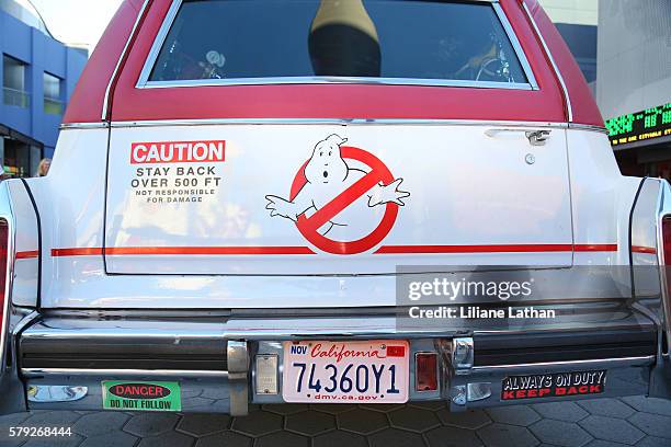Backview close-up of the "Ghostbusters" Cadillac Fleetwood Station Wagon at AMC Universal City Walk on July 14, 2016 in Universal City, California.