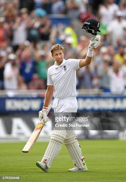 England batsman Joe Root salutes the crowd after being dismissed for 254 during day two of the 2nd Investec Test match between England and Pakistan...