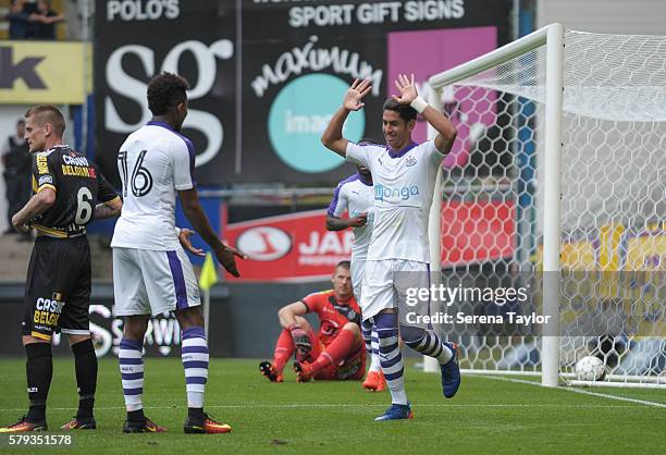 Ayoze Perez of Newcastle celebrates after scoring the opening goal during the Pre Season Friendly match between KSC Lokeren and Newcastle United on...