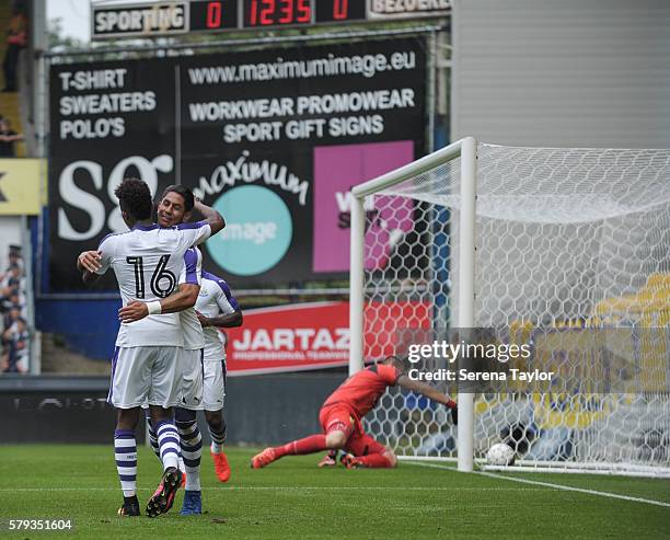 Ayoze Perez of Newcastle celebrates with teammate Rolando Aarons after scoring the opening goal during the Pre Season Friendly match between KSC...