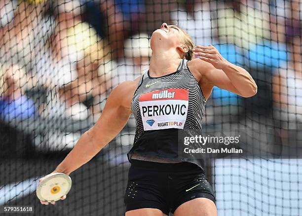 Sandra Perkovic of Croatia wins the Womens Discus during Day Two of the Muller Anniversary Games at The Stadium - Queen Elizabeth Olympic Park on...