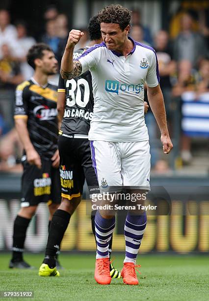 Daryl Janmaat of Newcastle celebrates after scoring the second goal during the Pre Season Friendly match between KSC Lokeren and Newcastle United on...