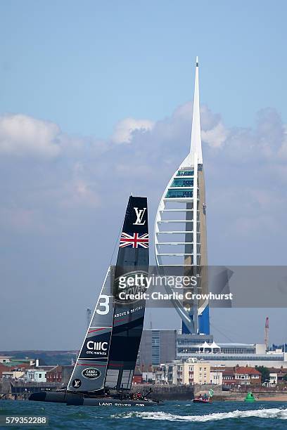 Team Land Rover BAR skippered by Sir Ben Ainslie in action during racing during day two of the Louis Vuitton America's Cup World Series on July 23,...