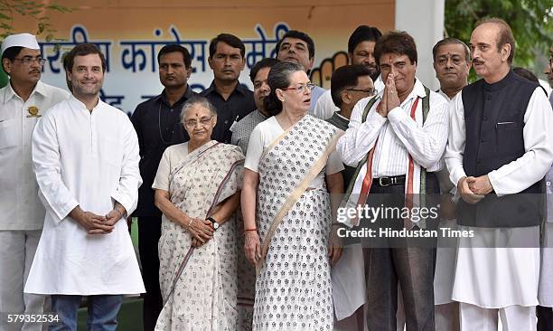 Congress President Sonia Gandhi and Vice President Rahul Gandhi with UP in-charge Ghulam Nabi Azad, UP party President Raj babbar and Chief...