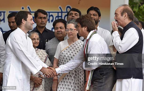 Congress President Sonia Gandhi and Vice President Rahul Gandhi with UP in-charge Ghulam Nabi Azad, UP party President Raj Babbar and Chief...