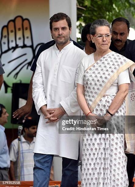 Congress President Sonia Gandhi with Vice President Rahul Gandhi flag off a three-day bus yatra to Uttar Pradesh, formally launching the party’s...