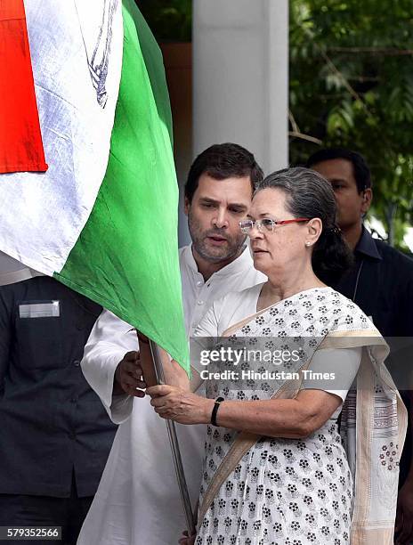 Congress President Sonia Gandhi with Vice President Rahul Gandhi flag off a three-day bus yatra to Uttar Pradesh, formally launching the party’s...