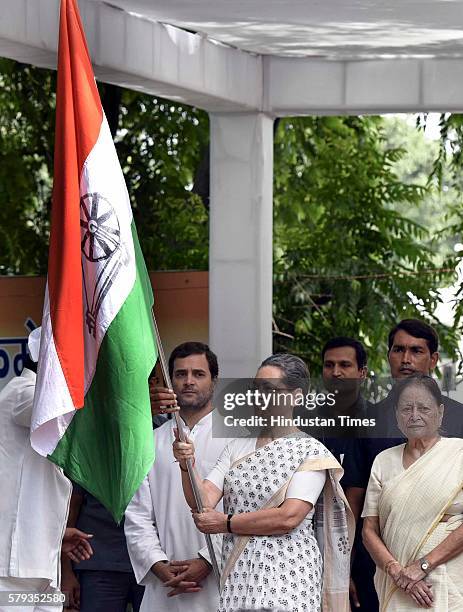 Congress President Sonia Gandhi with Vice President Rahul Gandhi flag off a three-day bus yatra to Uttar Pradesh, formally launching the party’s...